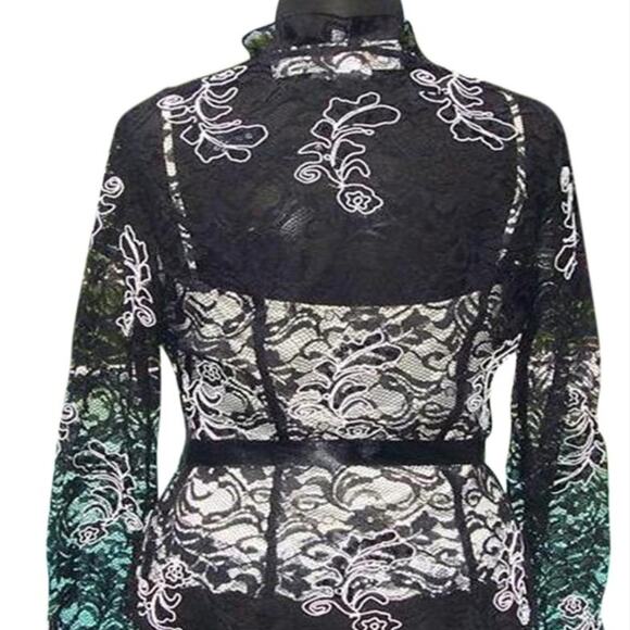 Cache Luxe Black Lace Sheer Illusion Lace Top Jacket White Trim New $228 NWT - Picture 8 of 11